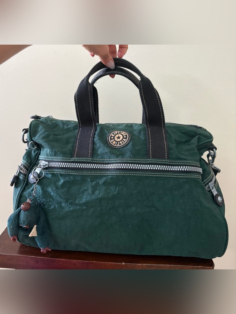 Vintage Kipling Green Crinkle Nylon Art M Expandable Duffle Tote Gym Bag Y2K